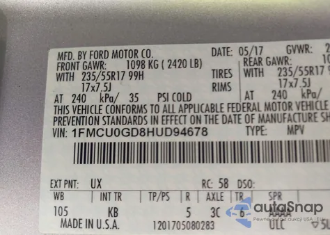 2017 Ford Escape Se z USA, uszkodzony, nr VIN 1FMCU0GD8HUD94678